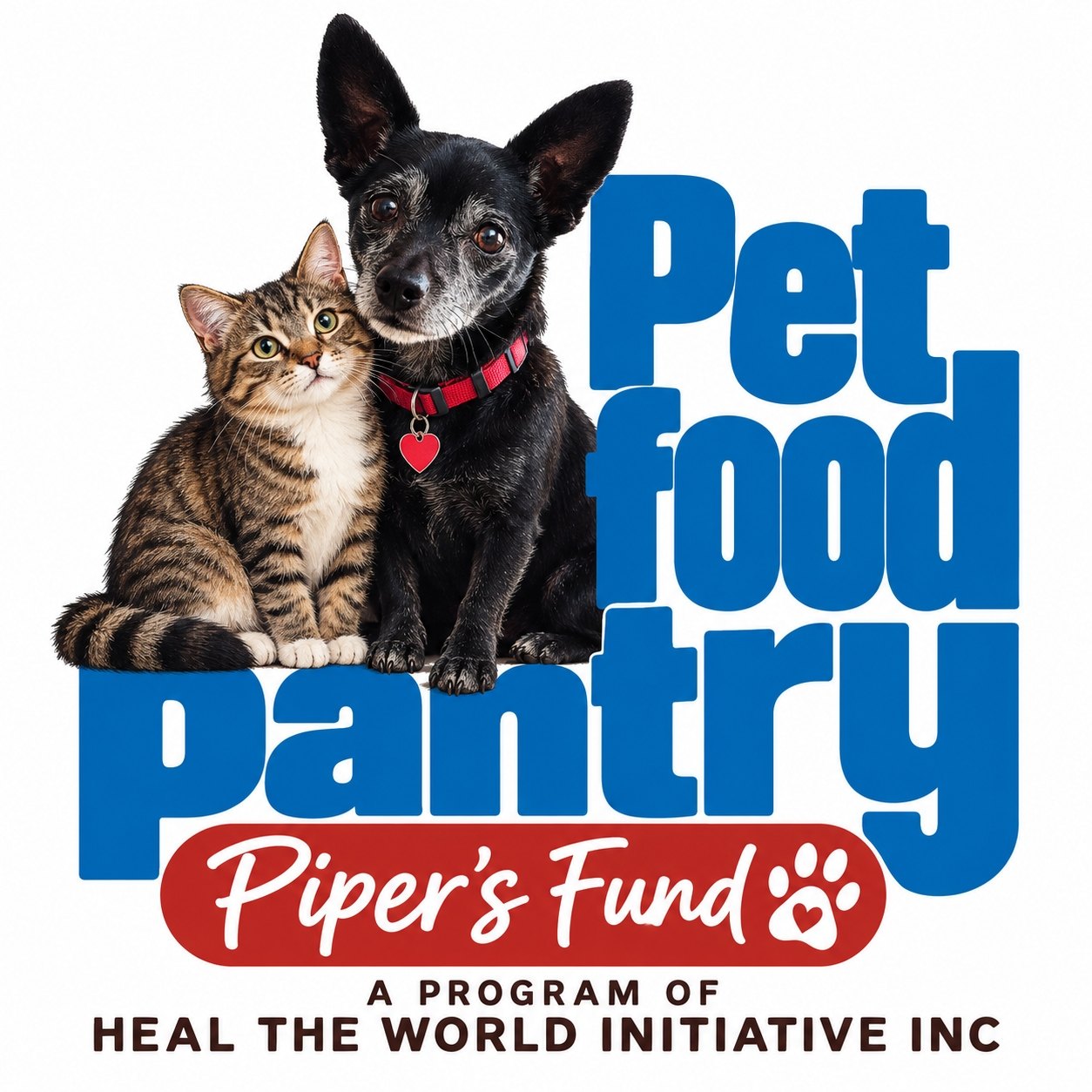 Piper's Fund Pet Food Pantry graphic with a tabby cat sitting beside a small black dog